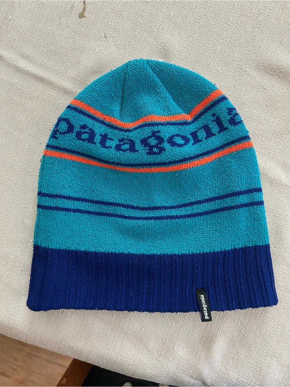 Patagonia Mens Turquoise, Navy & Orange Knit Beanie
